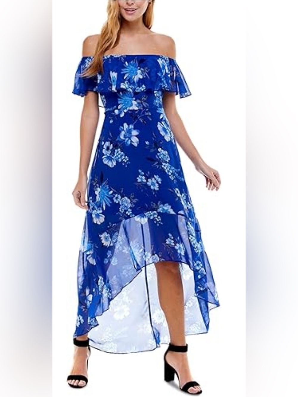 Crystal Doll Cobalt Blue Floral Dress with Black Trim ** small tear see photos**
